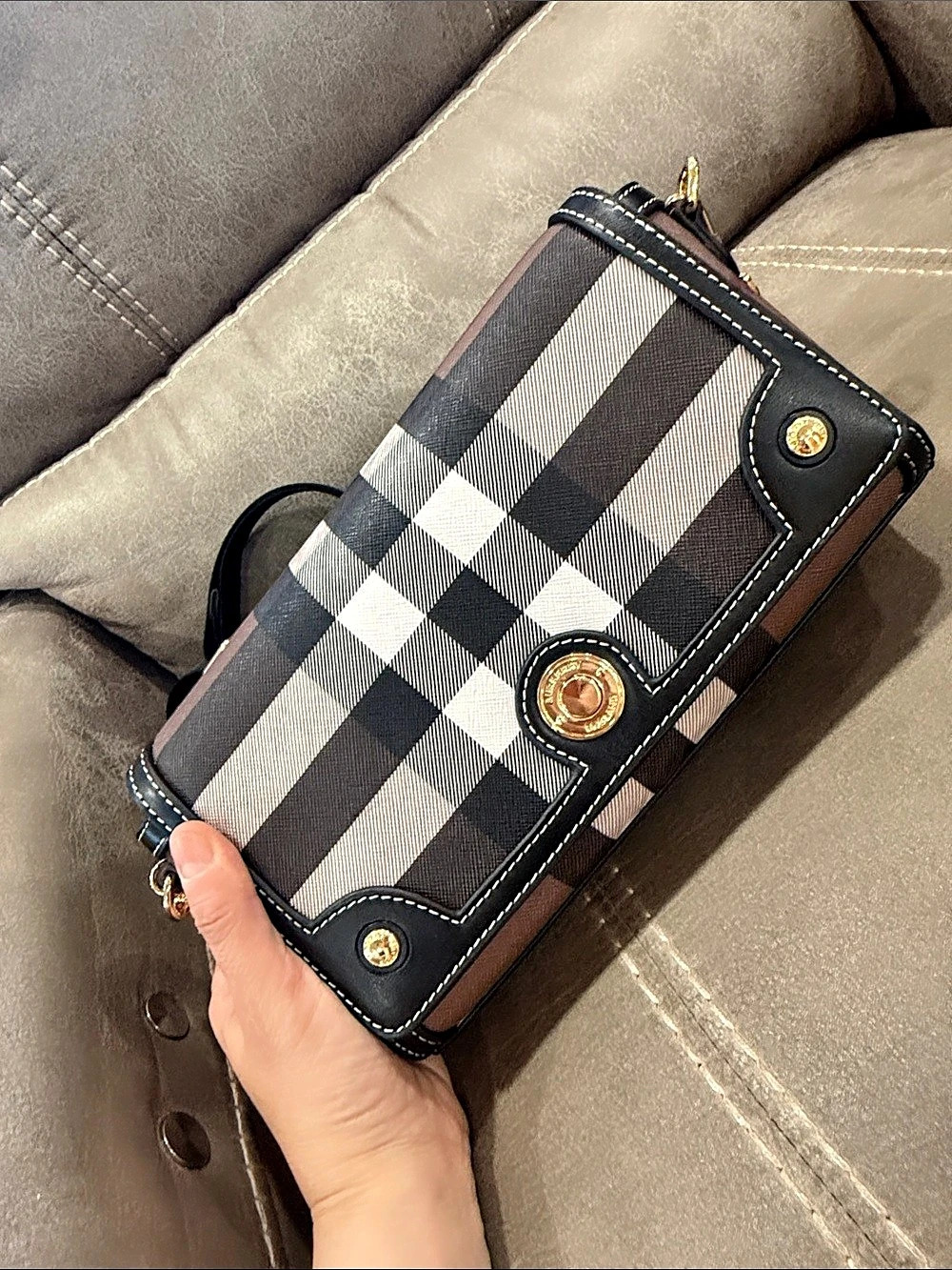 Small Check Canvas & Leather Camera Bag Brown & Black